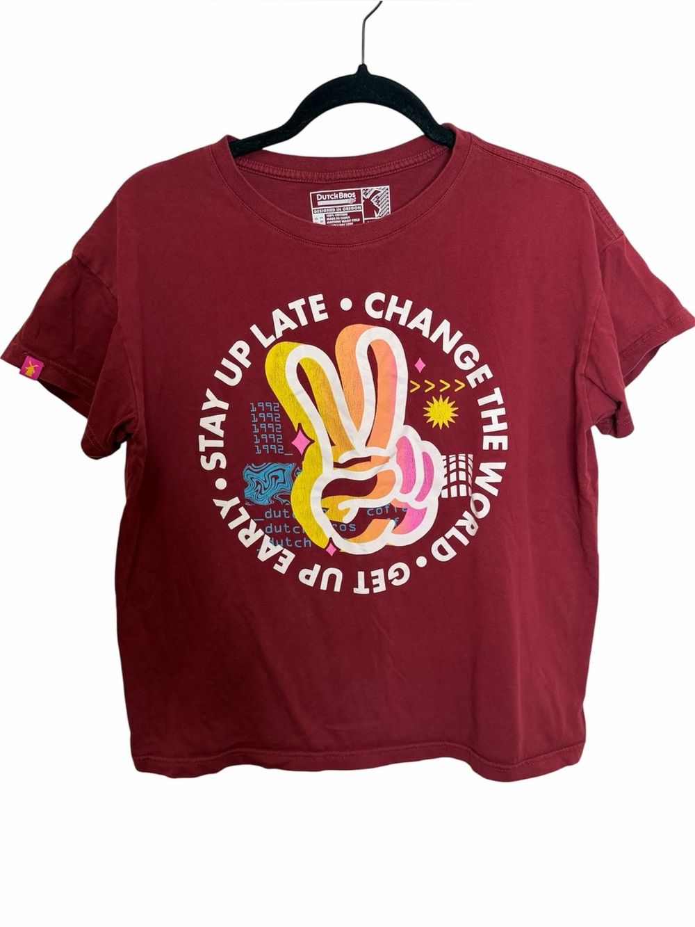 Dutch Bros Womens Cropped T-Shirt Sz M Dark Red Peace Sign Neon Graphic Barista